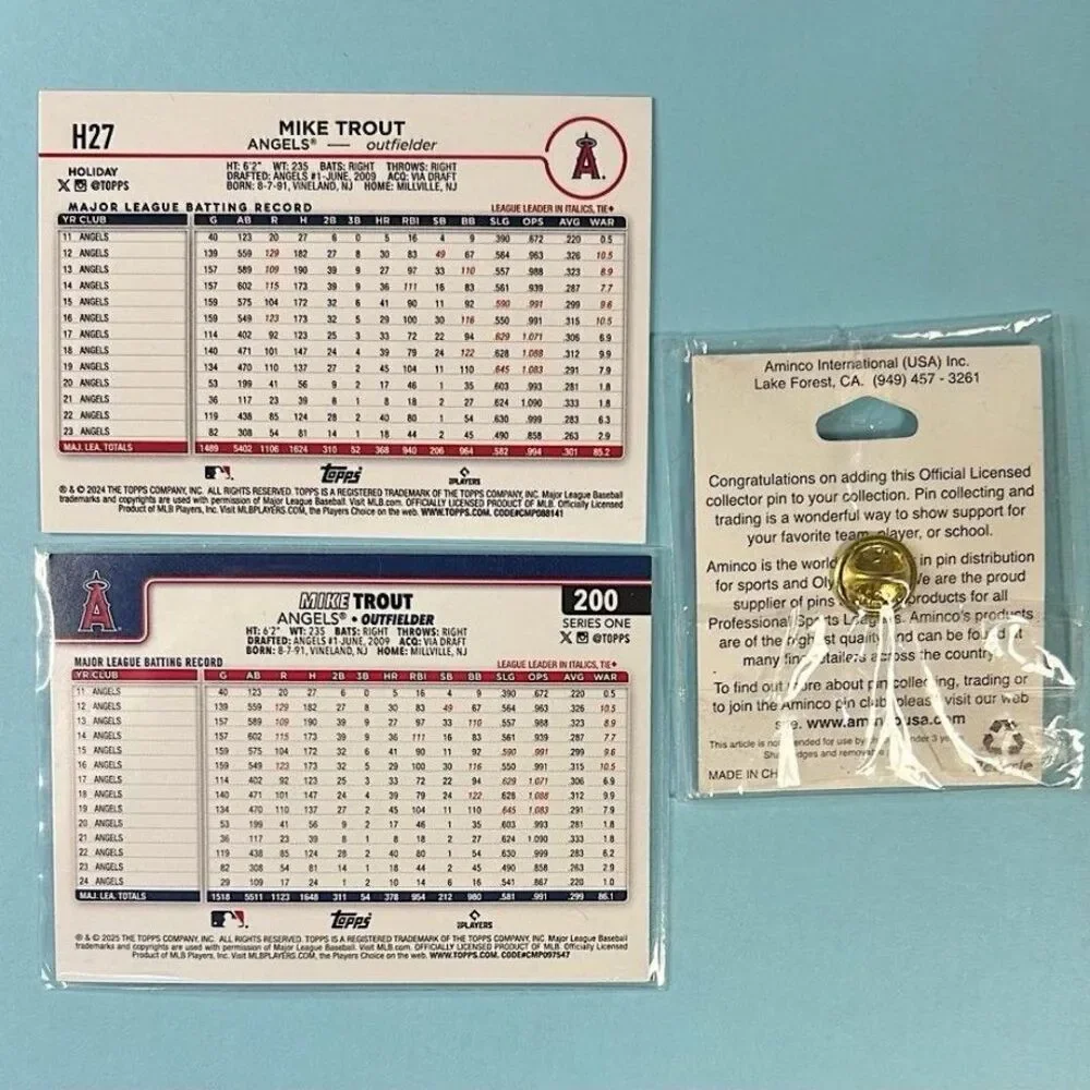 Mike TROUT -2 New Insert SP Cards and California Angels Aminco Logo Pin